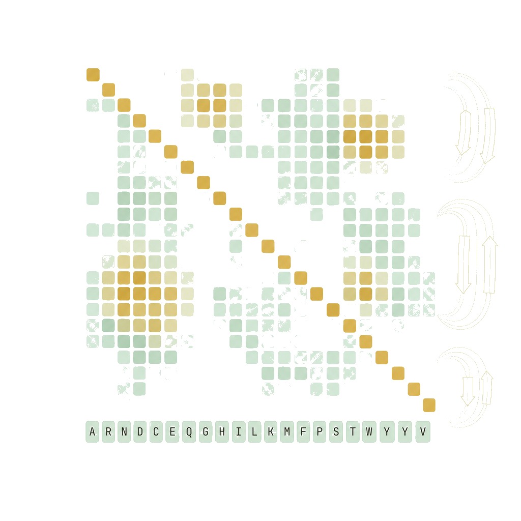 Modern biotech visualization: a 20×20 self-attention matrix AINN-P1 learned from protein sequence, with gold diagonal and asymmetric gold hot-spots marking long-range residue contacts, flanked by faint gold wireframe arcs hinting at beta-sheet geometry, with the 20 amino acid single-letter codes as a legend strip at the bottom.